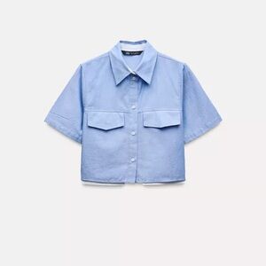 🩵Zara blue and white crop poplin top. Size S. New with tags.